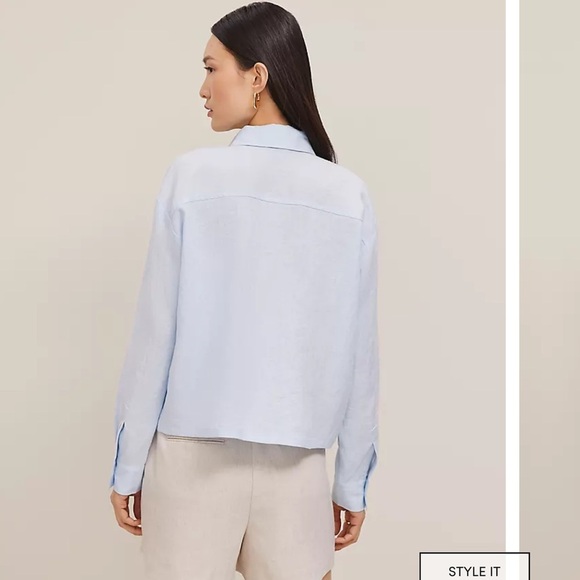 Ann Taylor cropped baby Blue linen Button Down Shirt - Picture 2 of 4